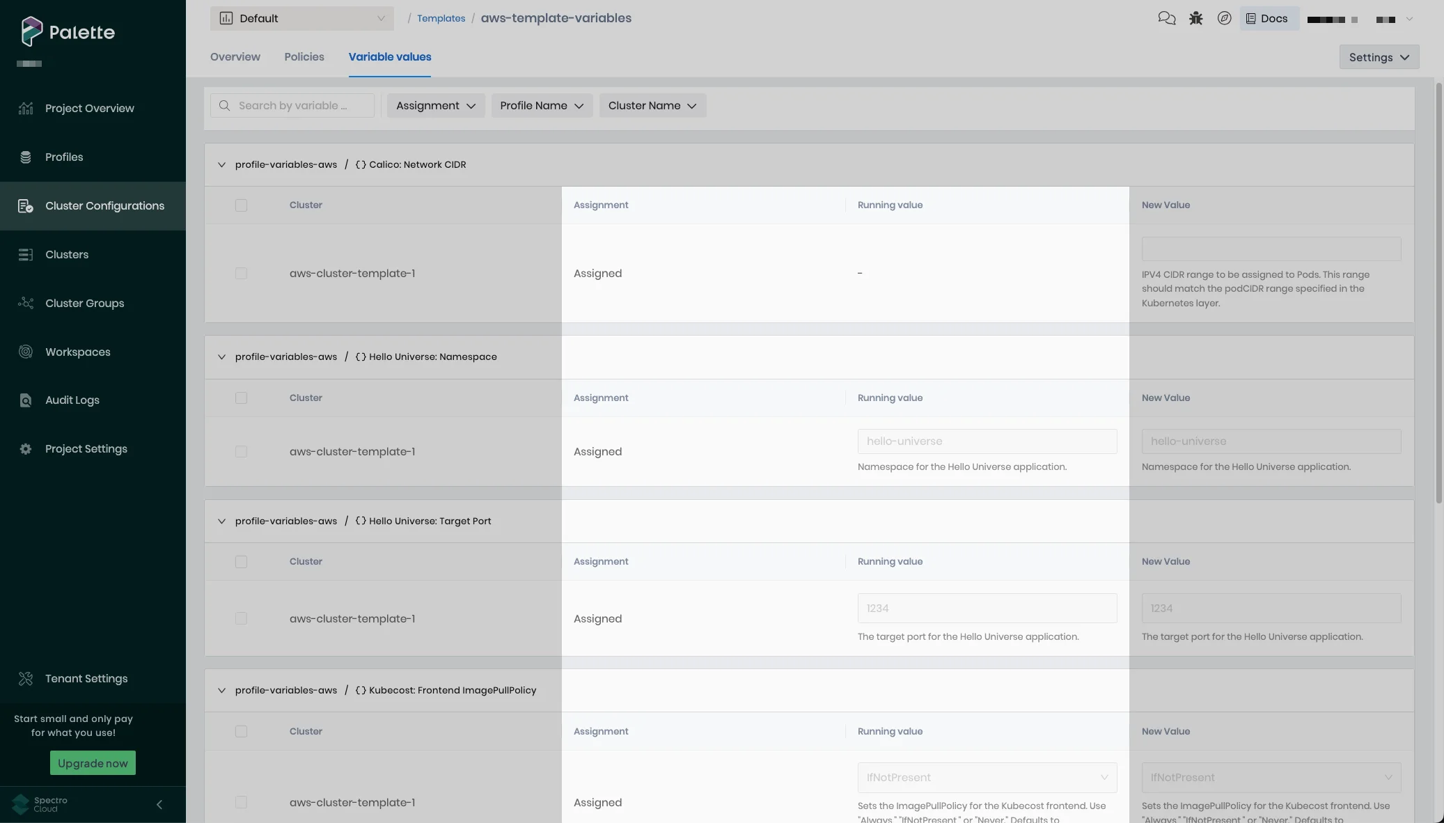 Variables with a status of Assigned